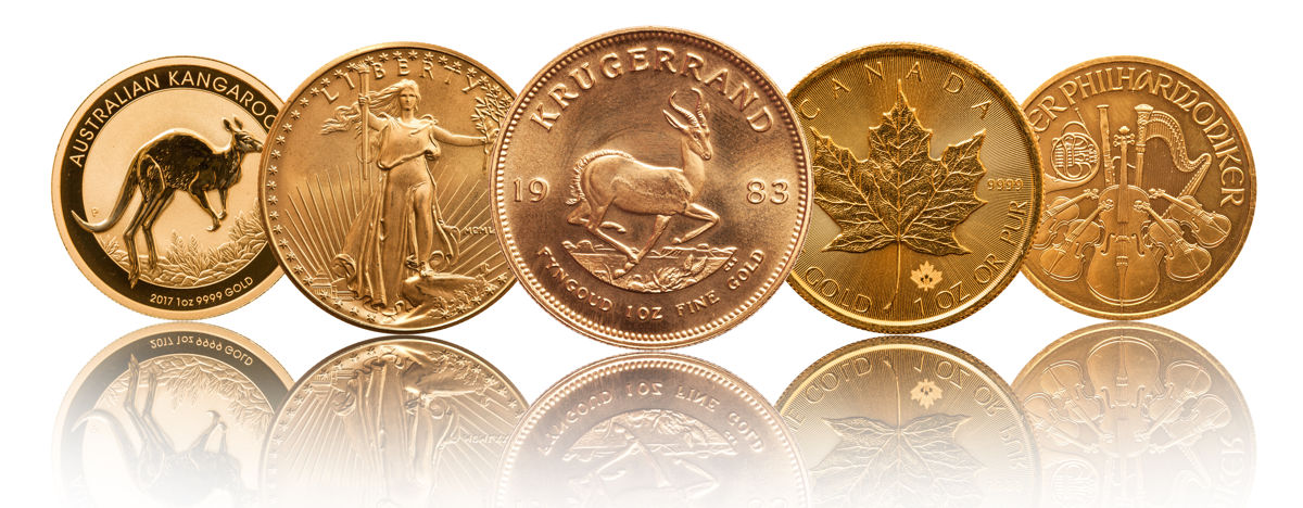 Einige der berühmtesten Anlagemünzen. Von links nach rechts: Australian Kangaroo, American Liberty, Krügerrand, Maple Leaf und Wiener Philharmoniker